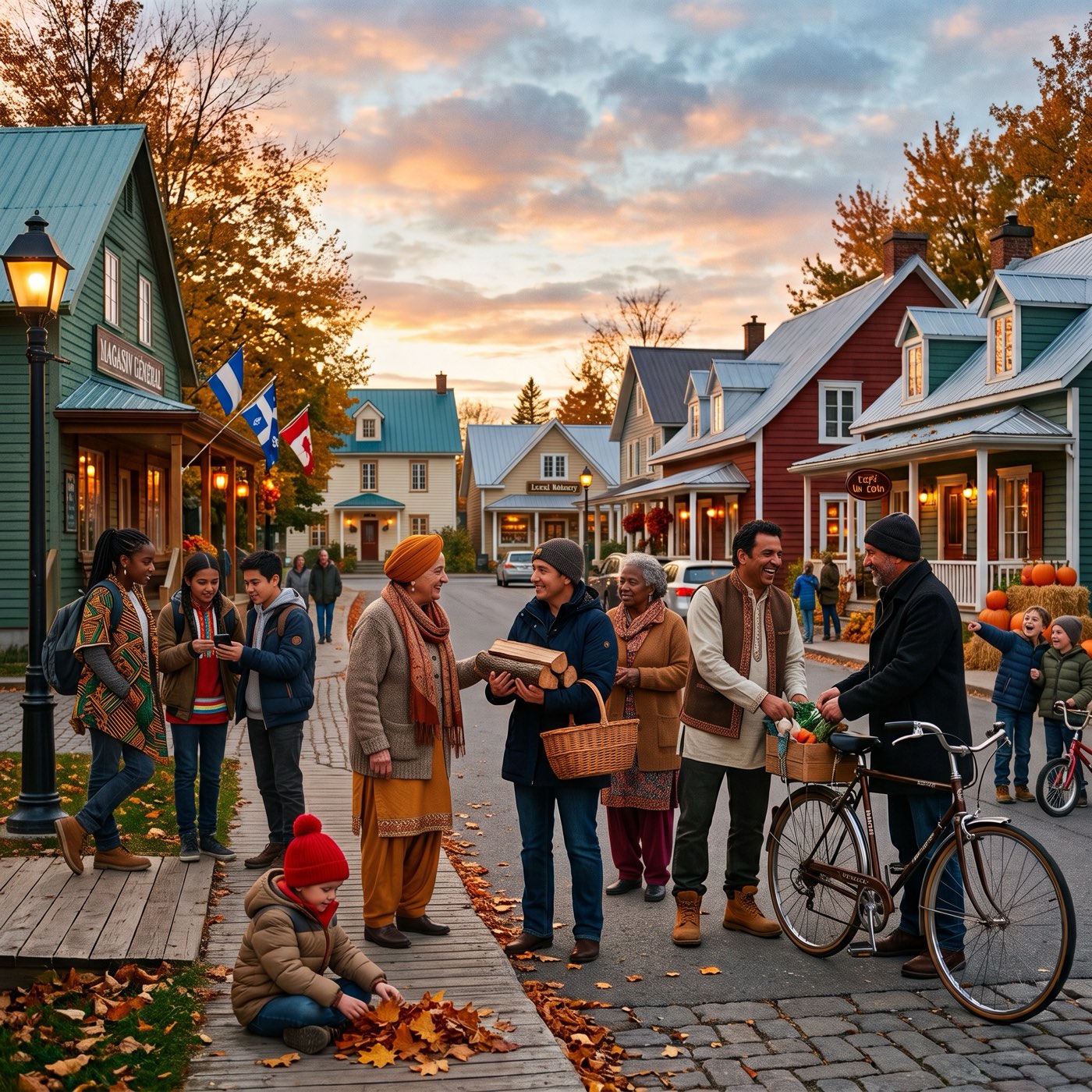 Villageois qui s'entraident dans une rue de village en automne
