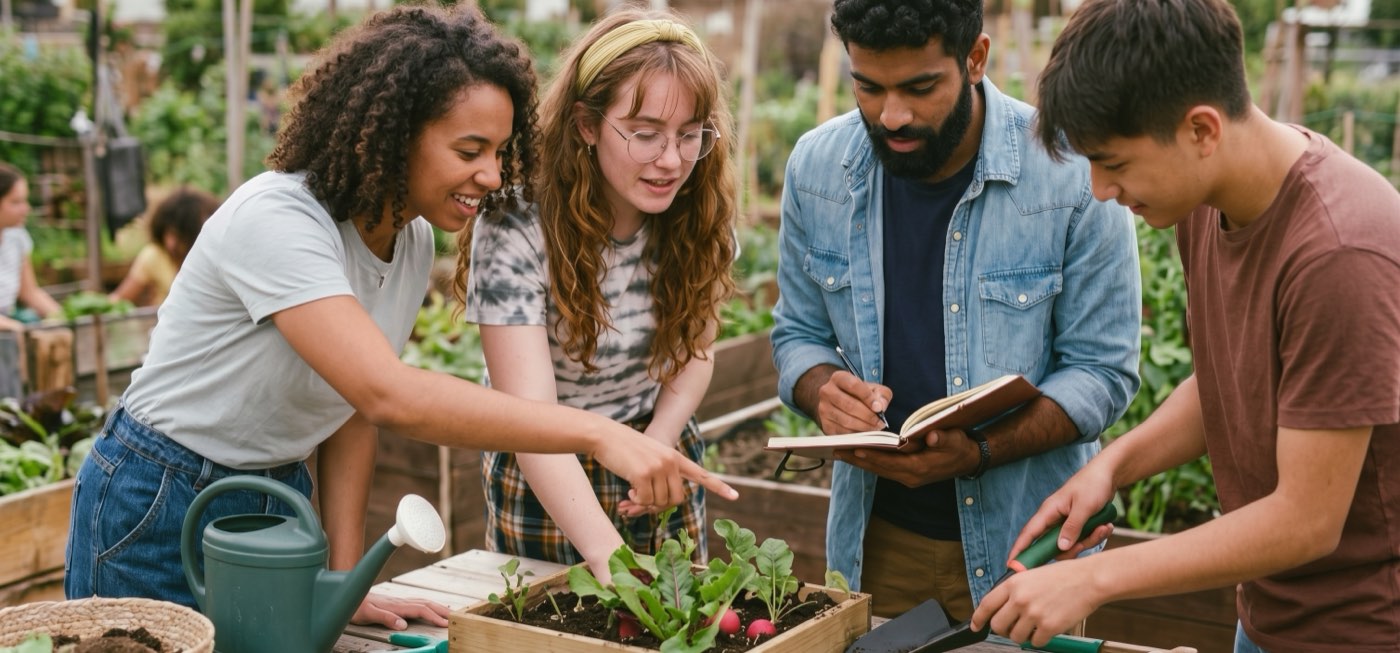 Des voisins qui jardinent ensemble dans un jardin communautaire